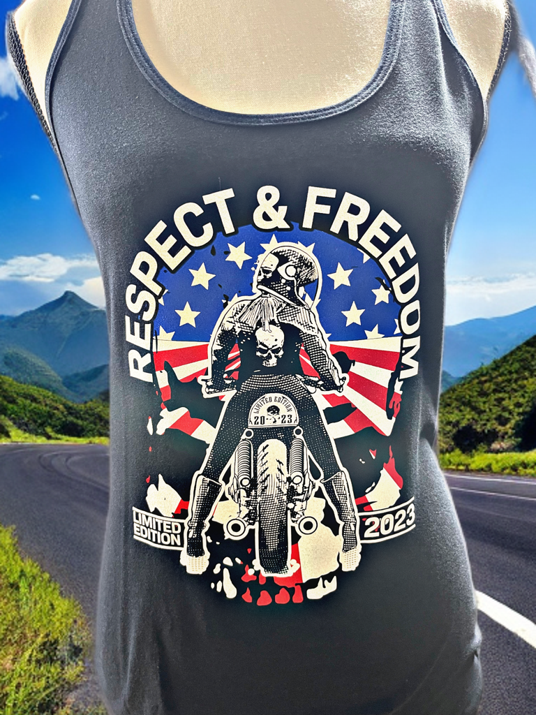 Ladies’s Freedom and Respect Racerback flag logo