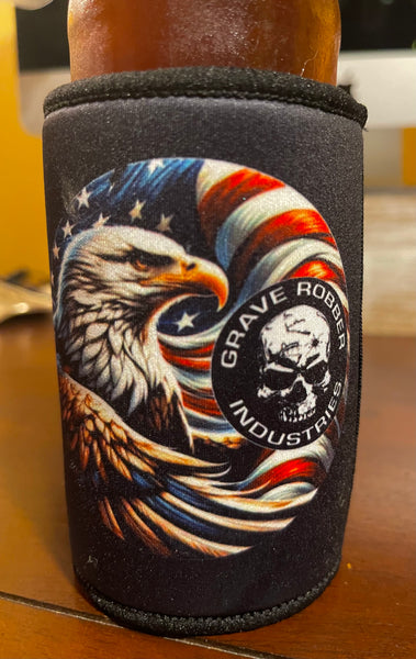 Koozie- Grave Robber Industries logo with Bald Eagle in American Flag colors 12oz drink or bottle holder