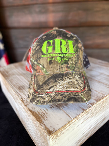 Cap-Snap back Mossy Oak and GRI logo front and American Flag on Mesh back