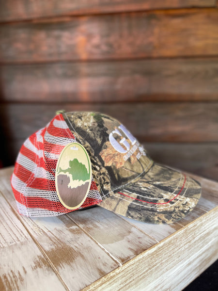 Cap-Snap back Mossy Oak and GRI logo front and American Flag on Mesh back