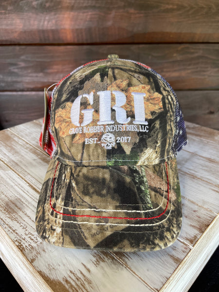 Cap-Snap back Mossy Oak and GRI logo front and American Flag on Mesh back