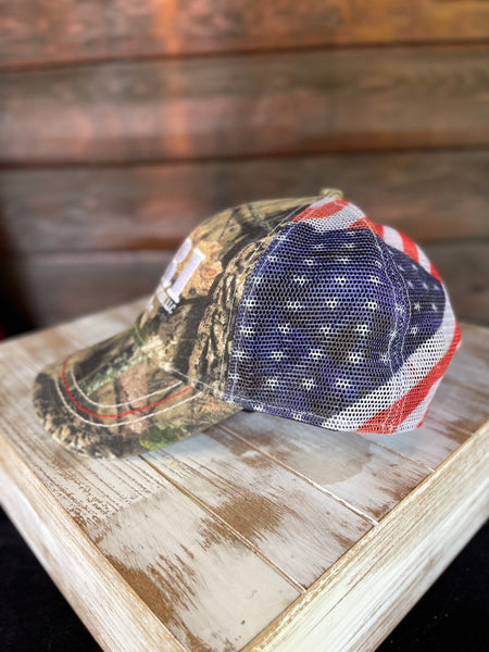 Cap-Snap back Mossy Oak and GRI logo front and American Flag on Mesh back